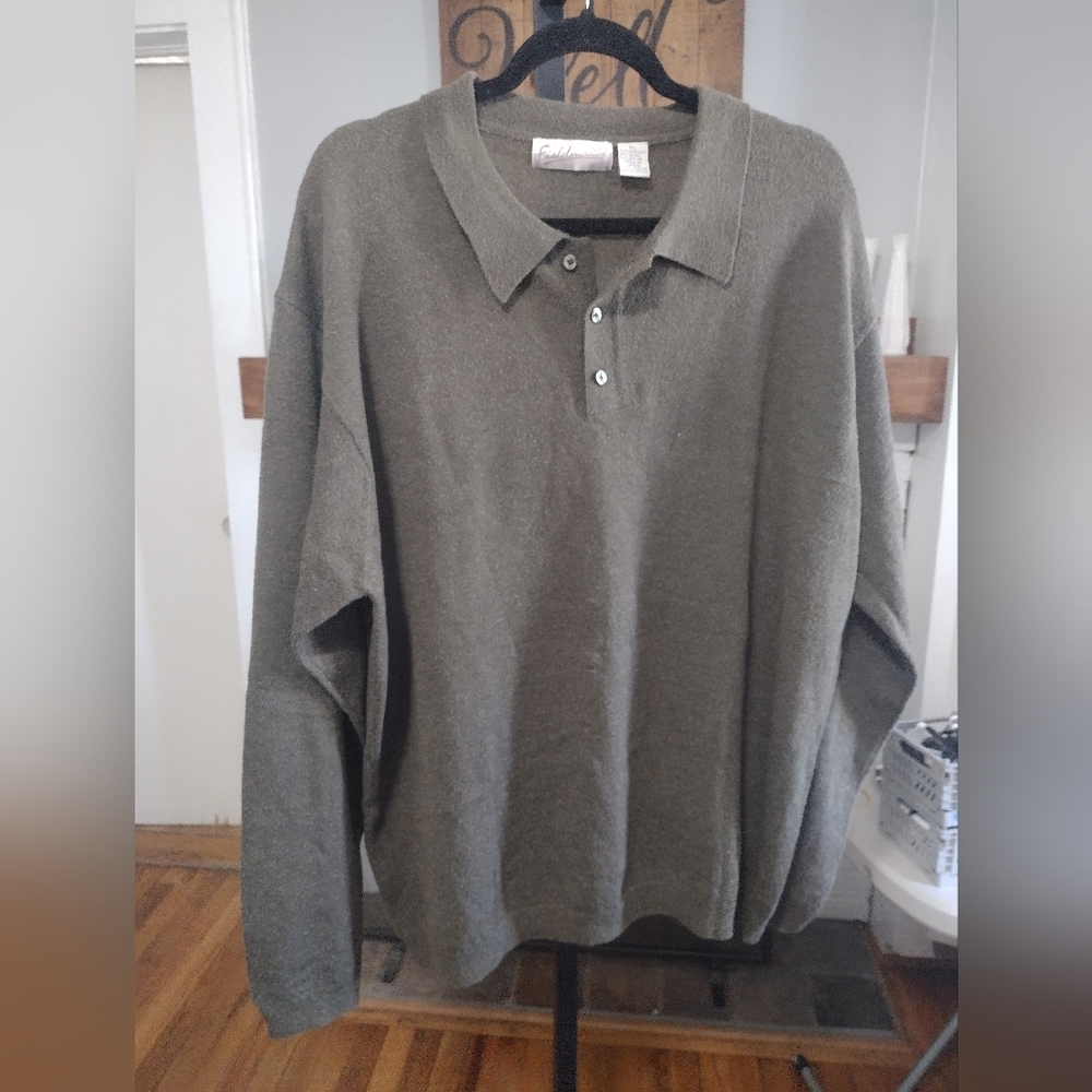 Vintage Field Master Gray-Olive Green Long Sleeve Wool Knit Henley Polo Sweater